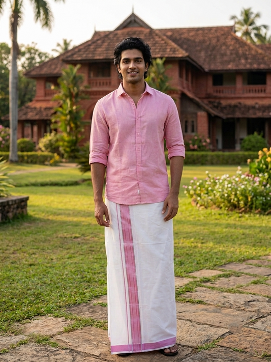 Southloom Pure White Cotton Mundu with Silver Line & Pink Border (South Indian Kerala Dhoti)