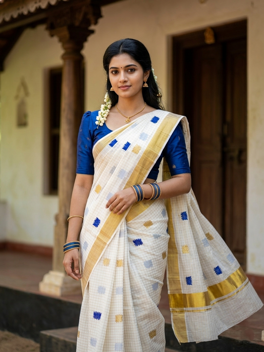 Southloom Cotton Kerala Kasavu Check Saree with Lotus Embroidery Design in Blue SL289