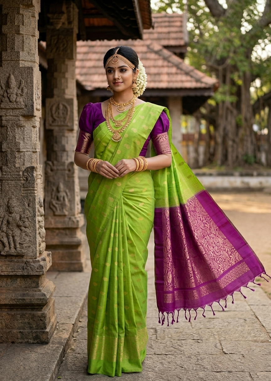 Southloom Pure Handloom Kanchipuram Silk Saree with Butta Work (Purple & Green)
