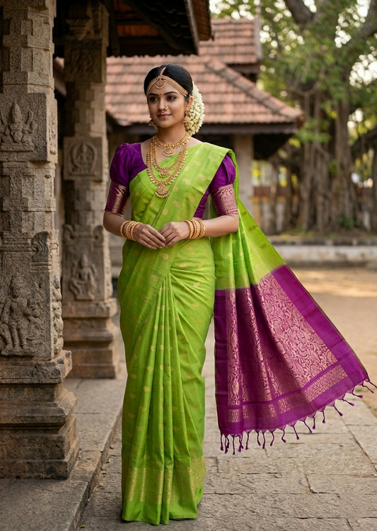 Southloom Pure Handloom Kanchipuram Silk Saree with Butta Work (Purple & Green)
