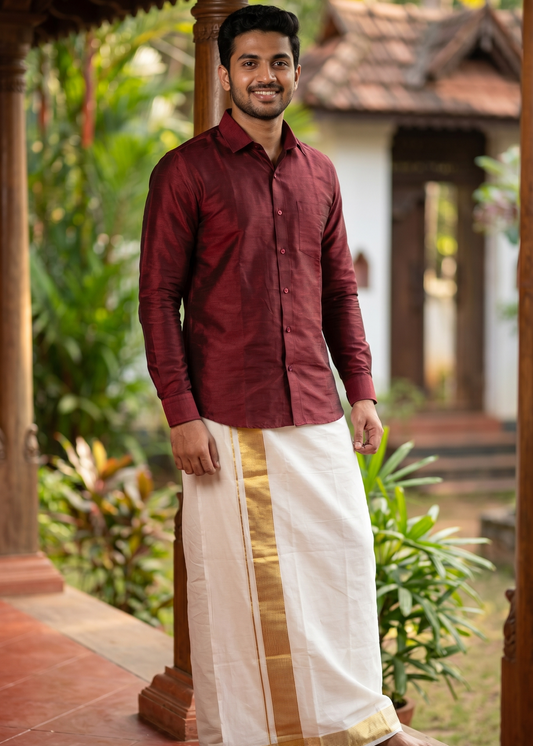 Southloom Pure Cotton Off White Double Mundu with Gold Kasavu Lines Border (South Indian Kerala Dhoti)