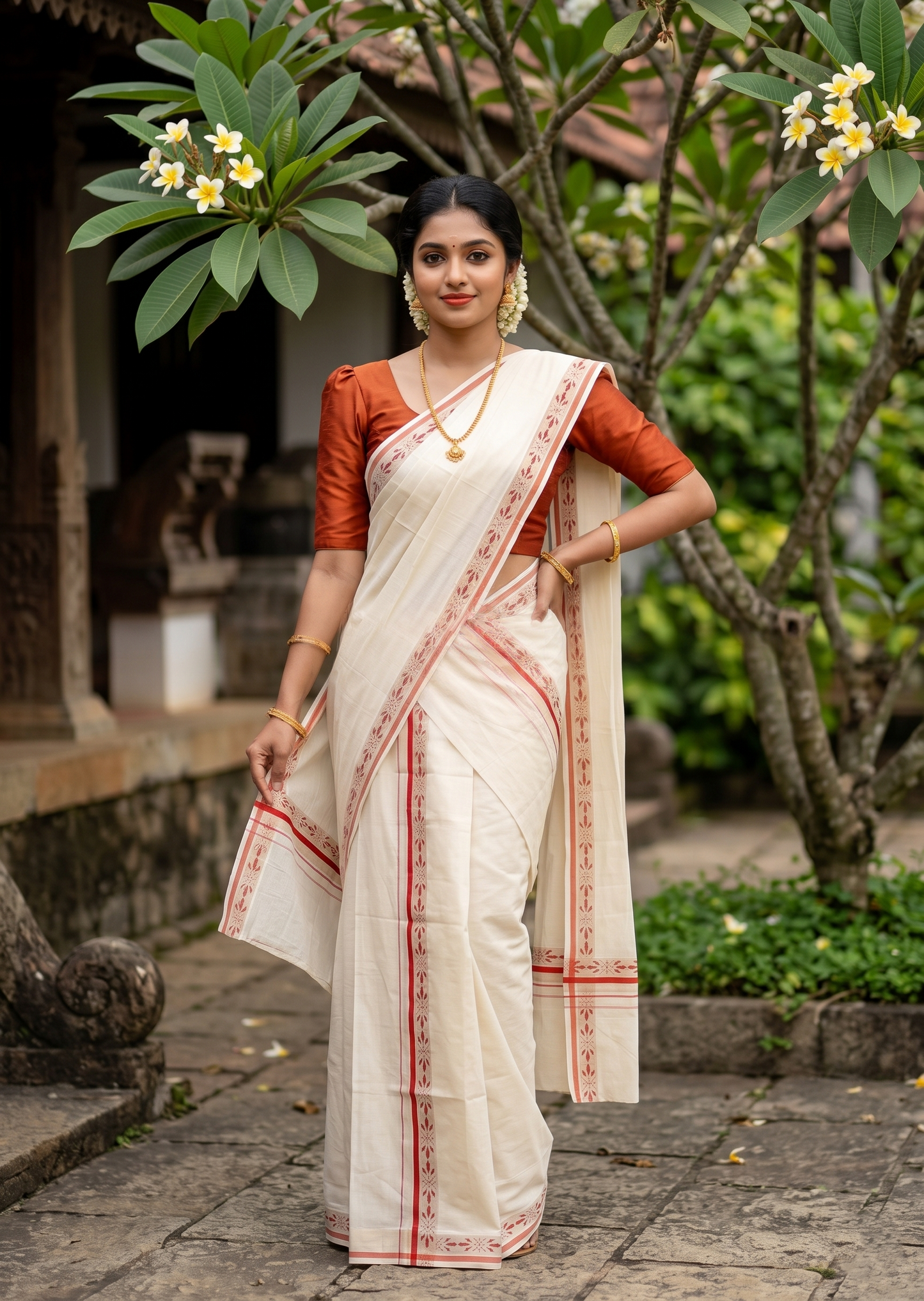 Southloom Pure Cotton Kerala Single Set Mundu (Mundum Neriyathum) with Digital Prints in Orange 2.80 Mtrs SL359