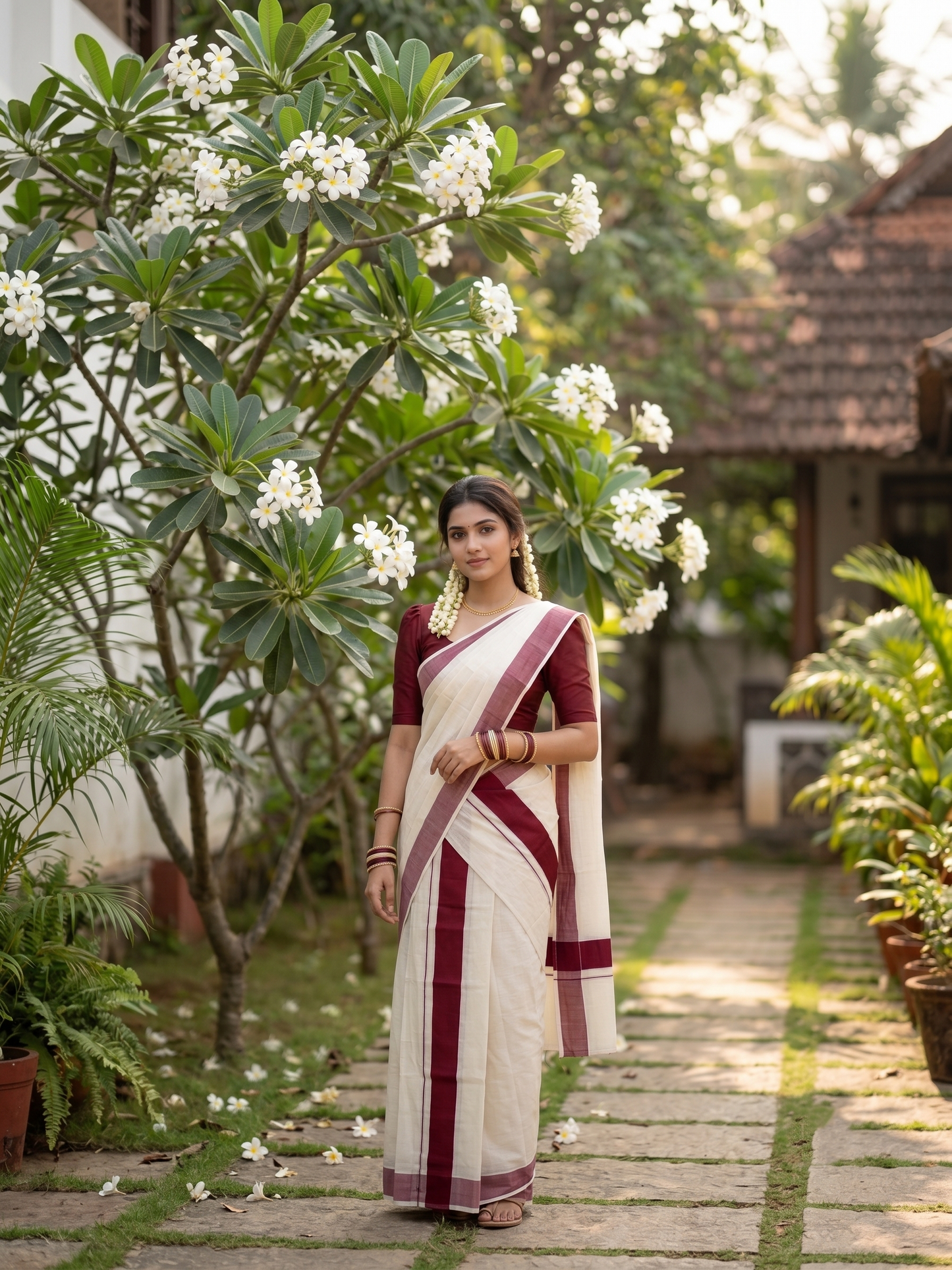 Southloom Kerala Cotton Mundum Neriyathum Single (Set Mundu) with Maroon Border 2.80 Mtrs