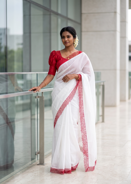 Southloom Net Kotta Saree with Plain Body and Floral Cut Work on Borders in Red