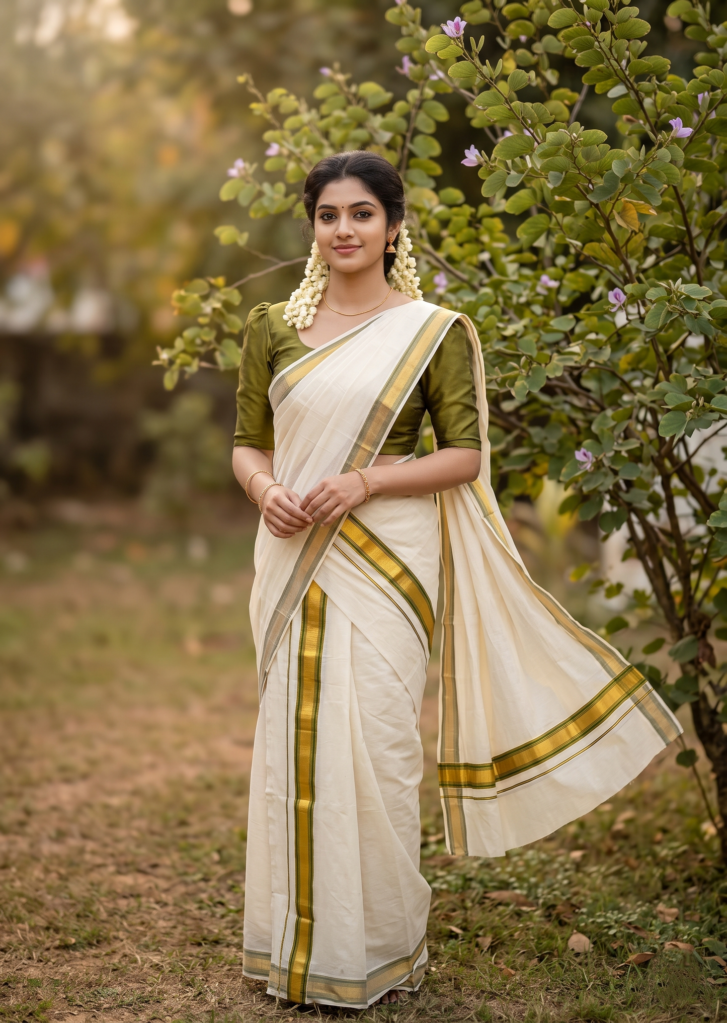 Kerala Cotton Set Mundu (Mundum Neriyathum) with Kasavu and Olive Green Border 2.80 Mtrs SLKK SL470