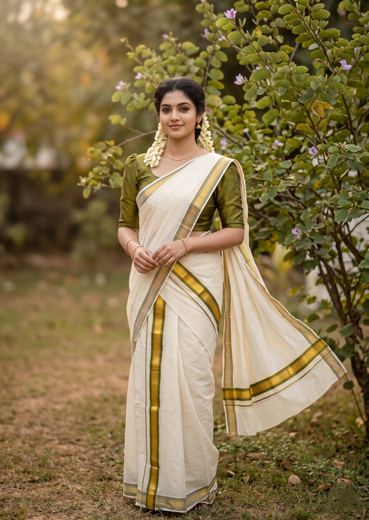 Kerala Cotton Set Mundu (Mundum Neriyathum) with Kasavu and Olive Green Border 2.80 Mtrs SLKK SL470
