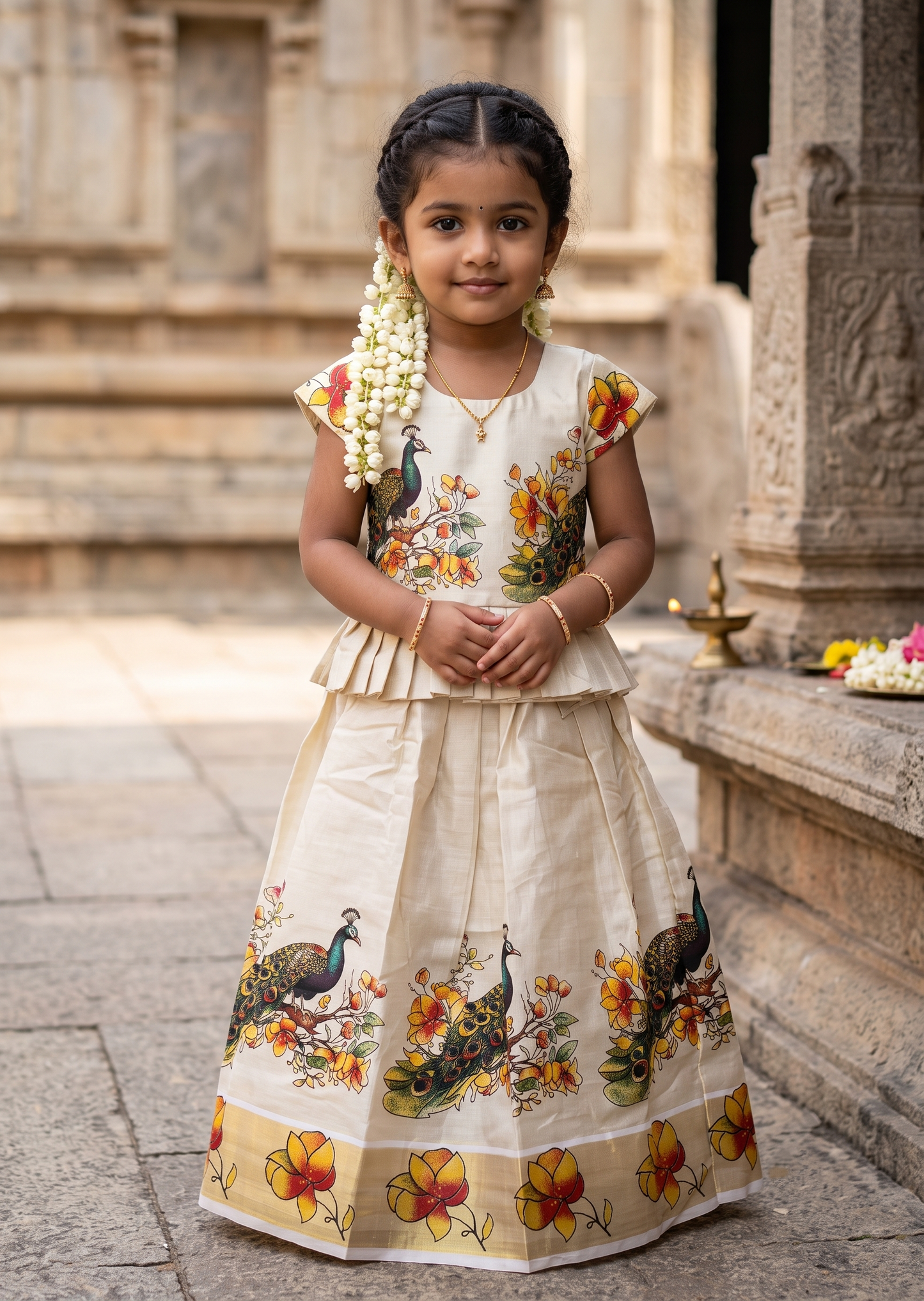 Southloom Kerala Tissue Kasavu Digital Peacock Printed Pavada & Blouse with for Kids