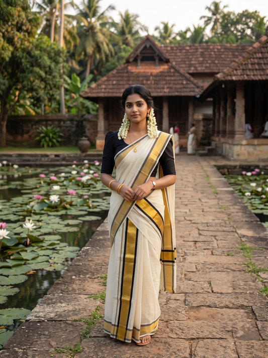 Southloom Pure Cotton Kerala  Set Mundu (Mundum Neriyathum) Single with Kasavu And Black Border 2.80 Mtrs SLKK