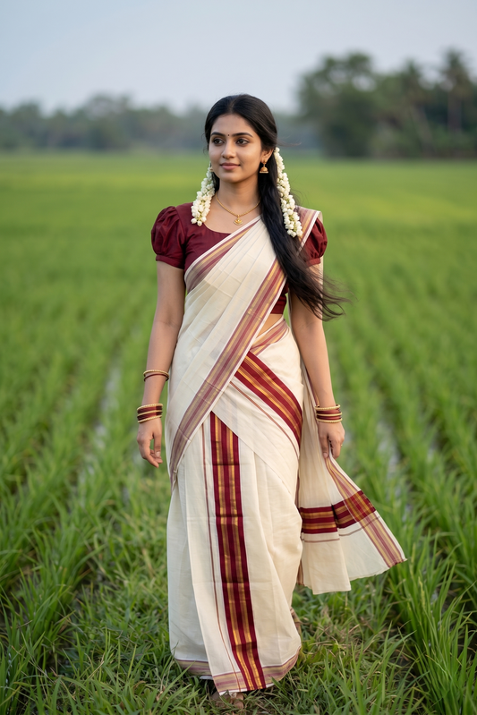 Southloom Kerala Cotton Set Mundu (Mundum Neriyathum) with Maroon and Kasavu Border 2.80 Mtrs SLKK