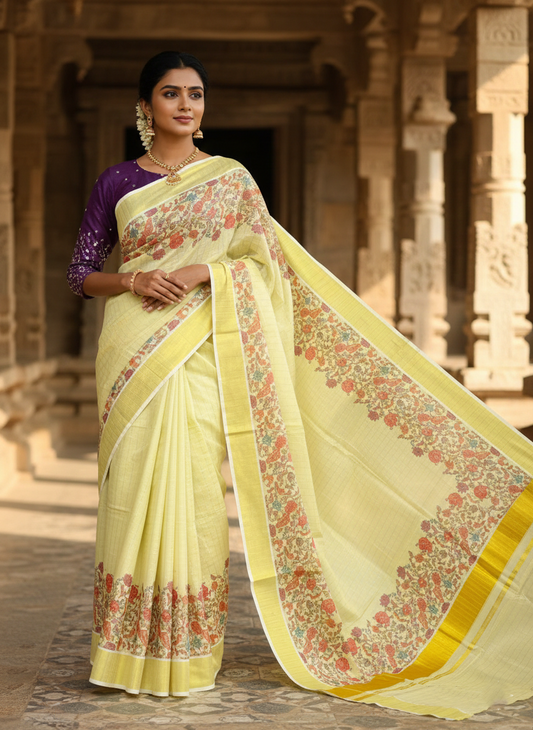 Southloom Tissue Lines Kalamkari Print Kerala Kasavu Saree