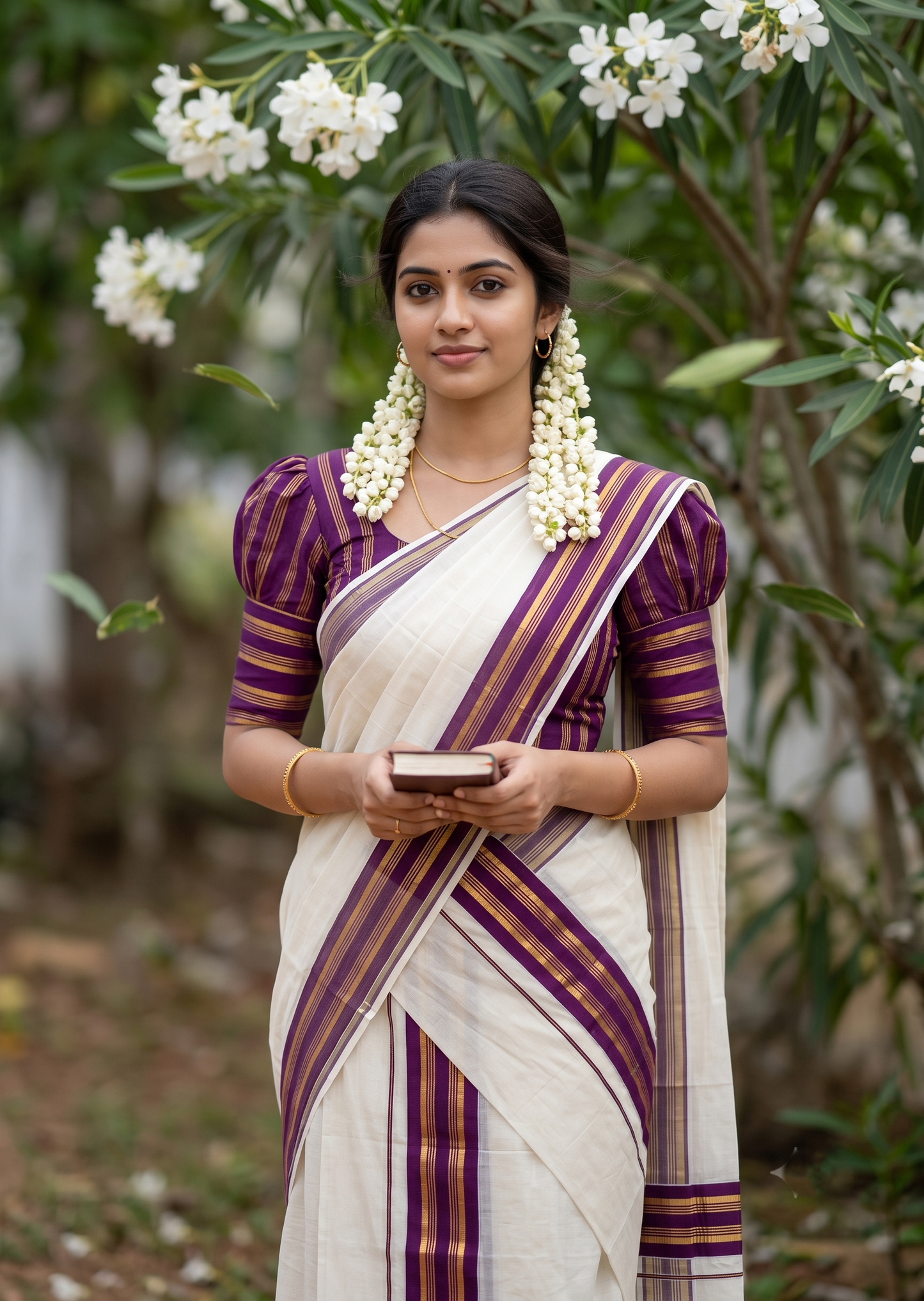 Southloom Kerala Cotton Kasavu Set Mundu (Mundum Neriyathum) with Kasavu and Purple Border 2.80 Mtrs SLKK
