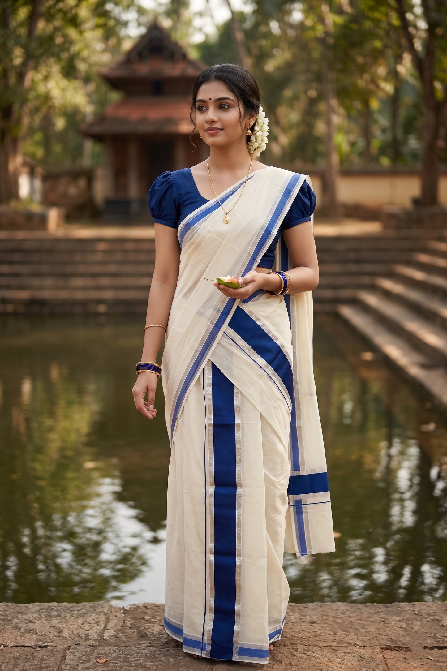 Kerala Cotton Mundum Neriyathum Single (Set Mundu) with Silver Kasavu and Blue Border 2.80 Mtrs   SLKK SL470