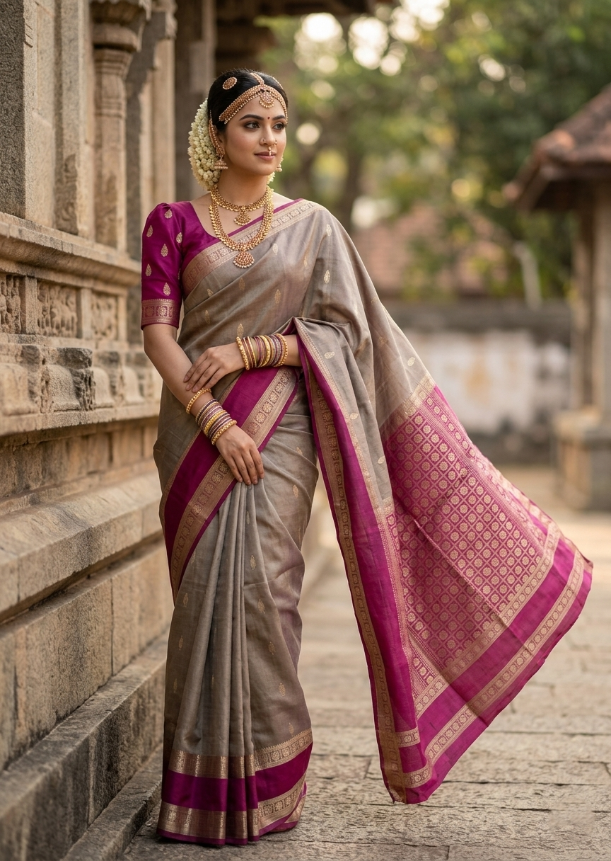 Southloom Pure Handloom Bridal Kanchipuram Silk Saree with Korvai Work (Grey & Magenta)