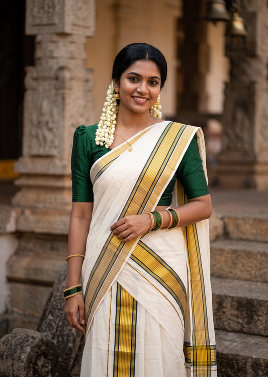 Southloom Pure Cotton Mundum Neriyathum (Set Mundu) with Gold Kasavu Lines Acorss Body & Green borders on the Kasavu  2.80 Mtrs SL515