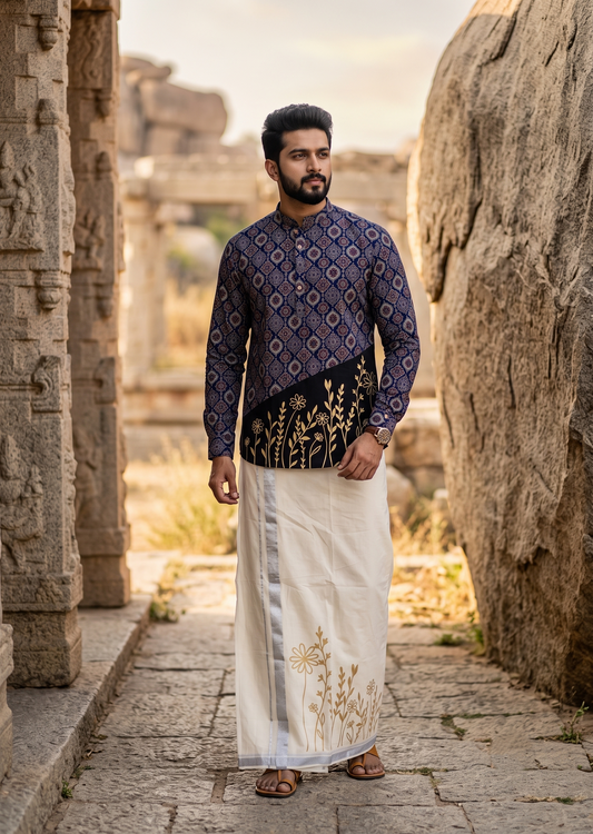 Southloom Cotton Ajrakh Printed Blue Men's Combo (Shirt + Mundu) SLCOMBO SL579