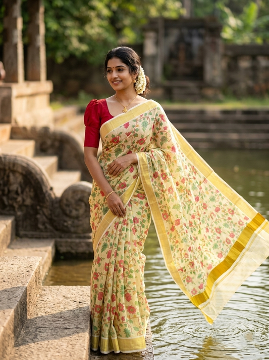 Southloom Tissue Check Kalamkari Print Kerala Kasavu Saree