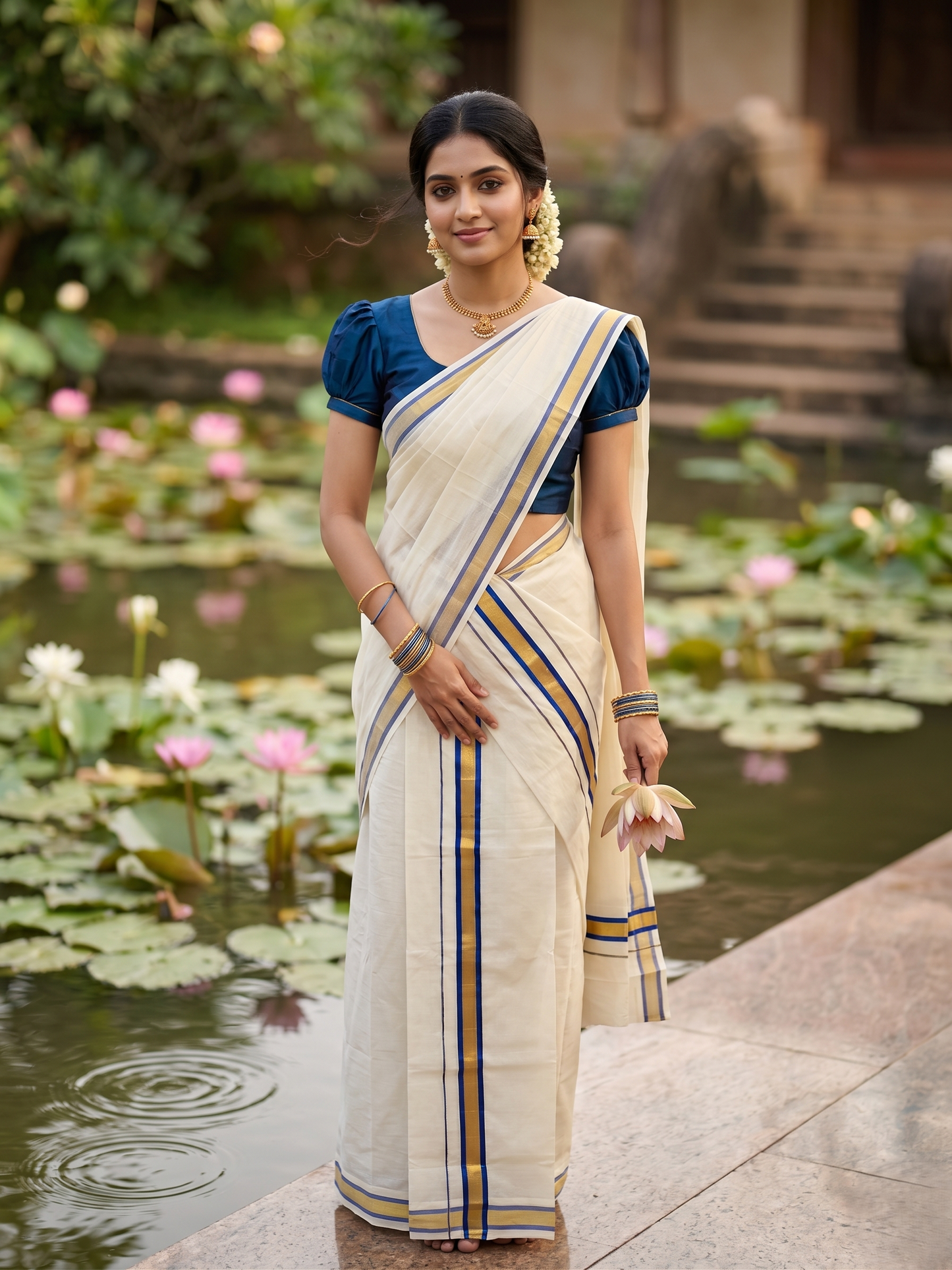 Southloom Pure Cotton Kerala Kasavu Set Mundu (Mundum Neriyathum) Gold Kasavu & Blue Border 2.80 Mtrs