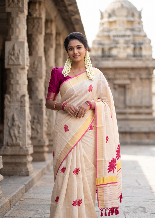 Southloom Kerala Tissue Kasavu Saree with Lotus Embroidery Works on Body in Pink SL557