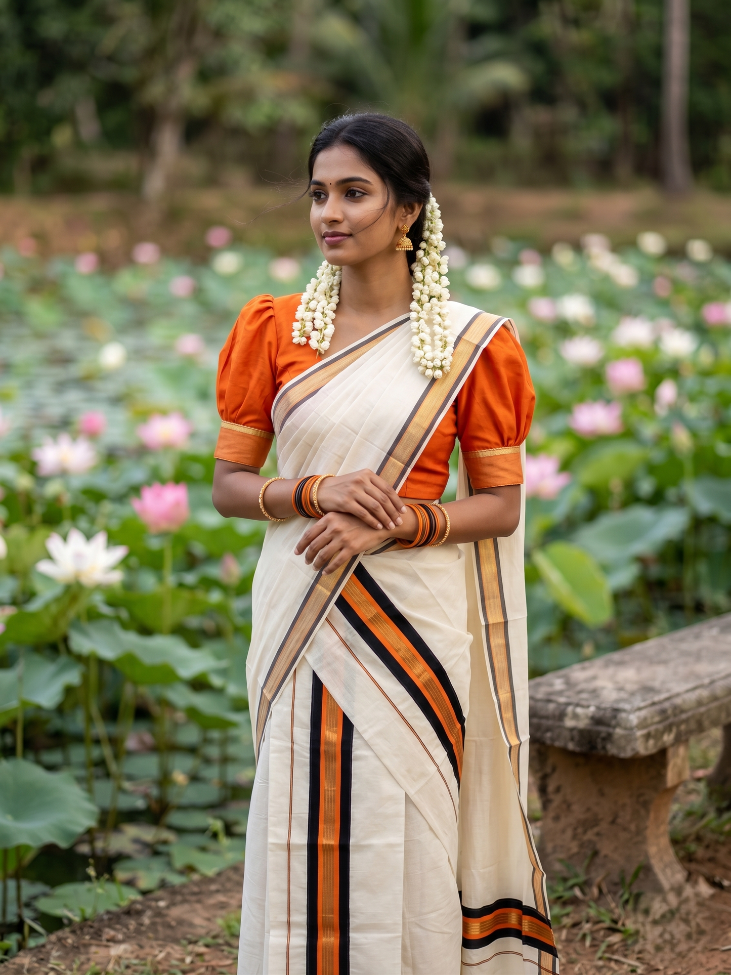Kerala Cotton Kasavu Single Set Mundu (Mundum Neriyathum) with Black And orange Kasavu Border SLKK SL470