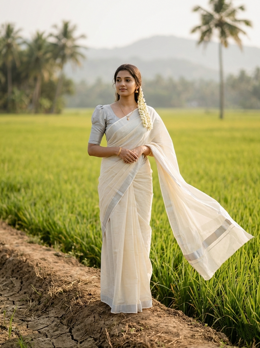 Pure Cotton Kerala Saree with 2x2 Silver Kasavu Border