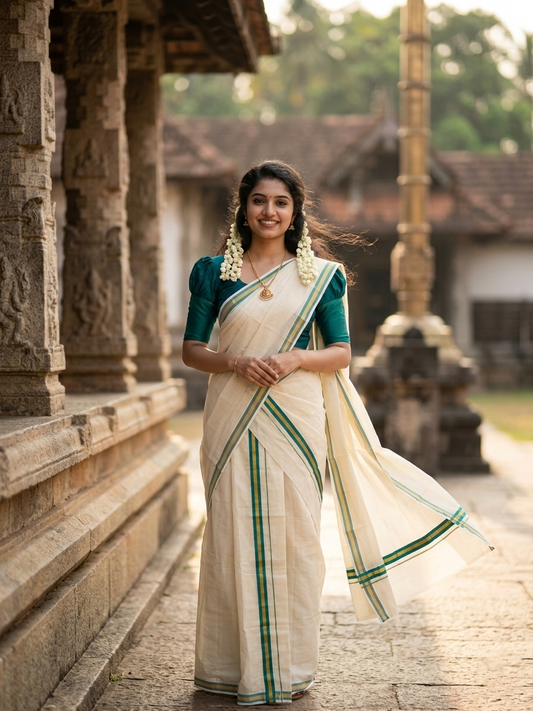 Pure Cotton Kerala Single Set Mundu (Mundum Neriyathum) with Peacock Green Kasavu Border in 2.80 Mtrs