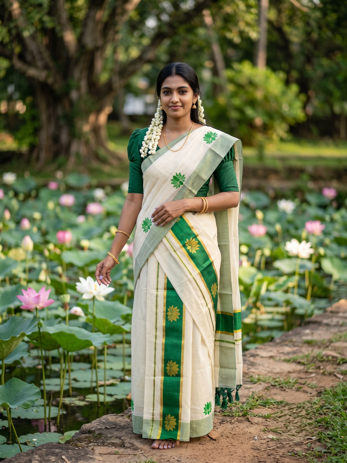 Southloom Kerala Cotton Kasavu Single Set Mundu (Mundum Neriyathum) with Lotus Design in Green SL546