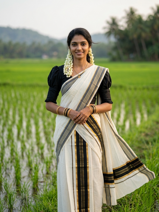 Kerala Cotton Set Mundu (Mundum Neriyathum) with Kasavu and Black Border in 2.80 Mtrs