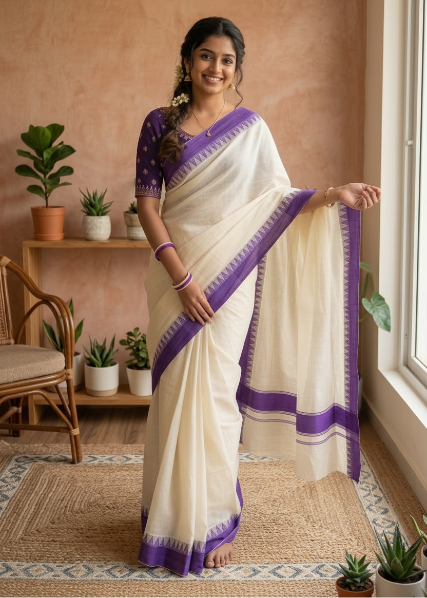 Kerala Cotton Violet Colour Temple Border Saree SL152