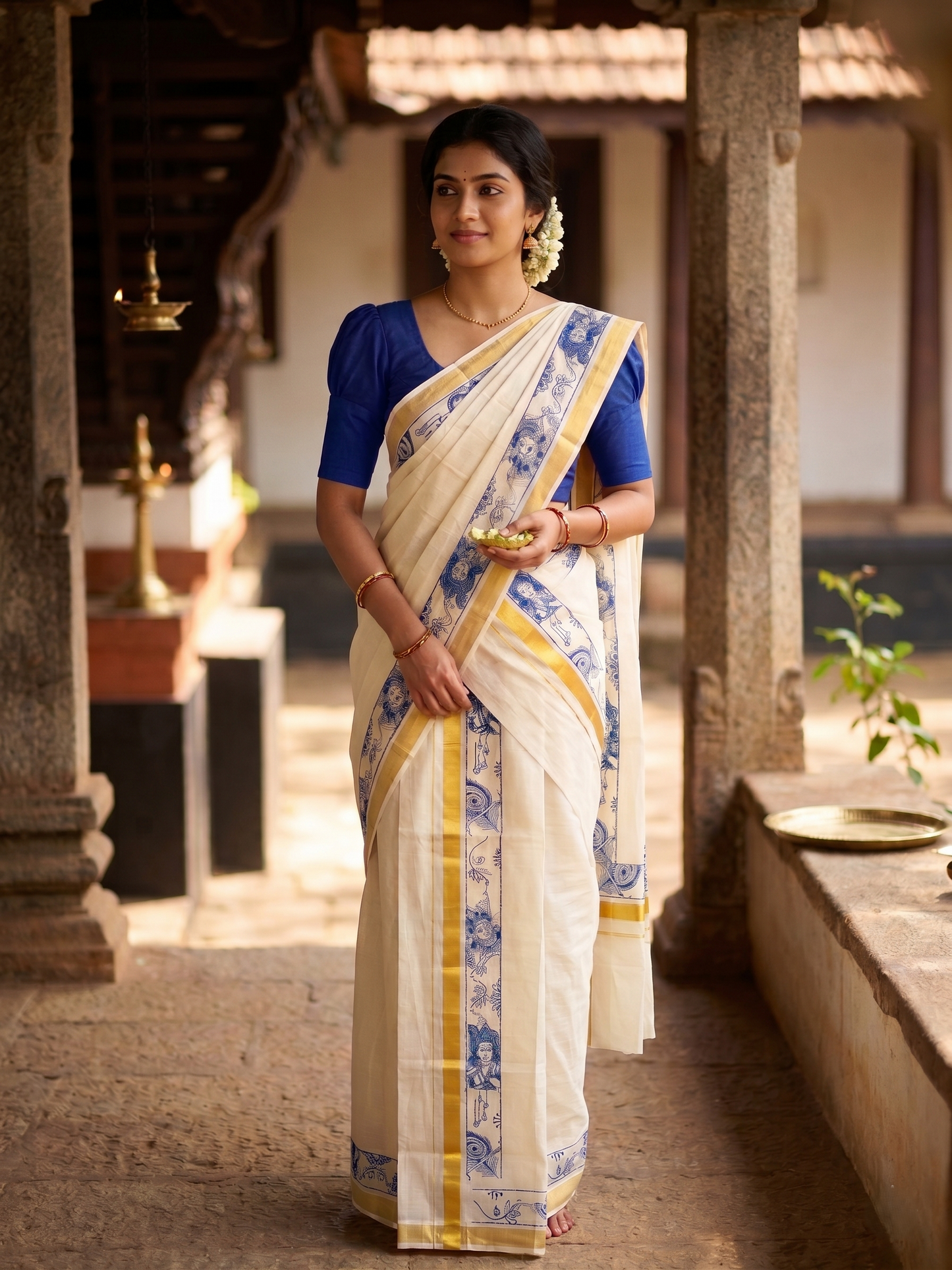 Southloom Kerala Cotton Single Set Mundu (Mundum Neriyathum) with Mural Digital Print And Gold Kasavu Border In Blue 2.80 mtr SL486