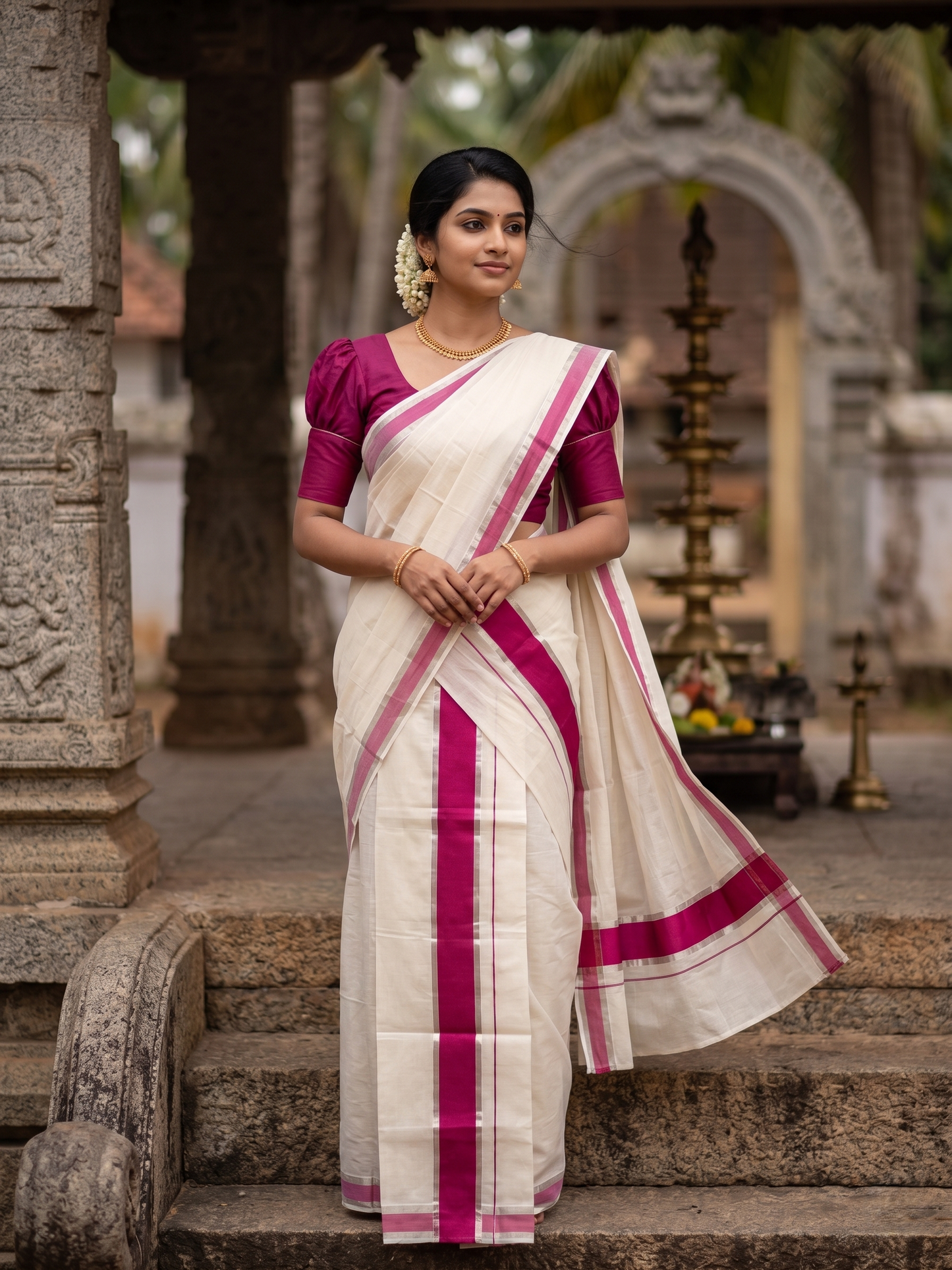 Kerala Cotton Mundum Neriyathum Single (Set Mundu) with Dark Pink and Silver Kasavu Border 2.80 Mtrs   SLKK SL498