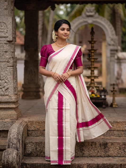 Kerala Cotton Mundum Neriyathum Single (Set Mundu) with Dark Pink and Silver Kasavu Border 2.80 Mtrs SLKK SL498