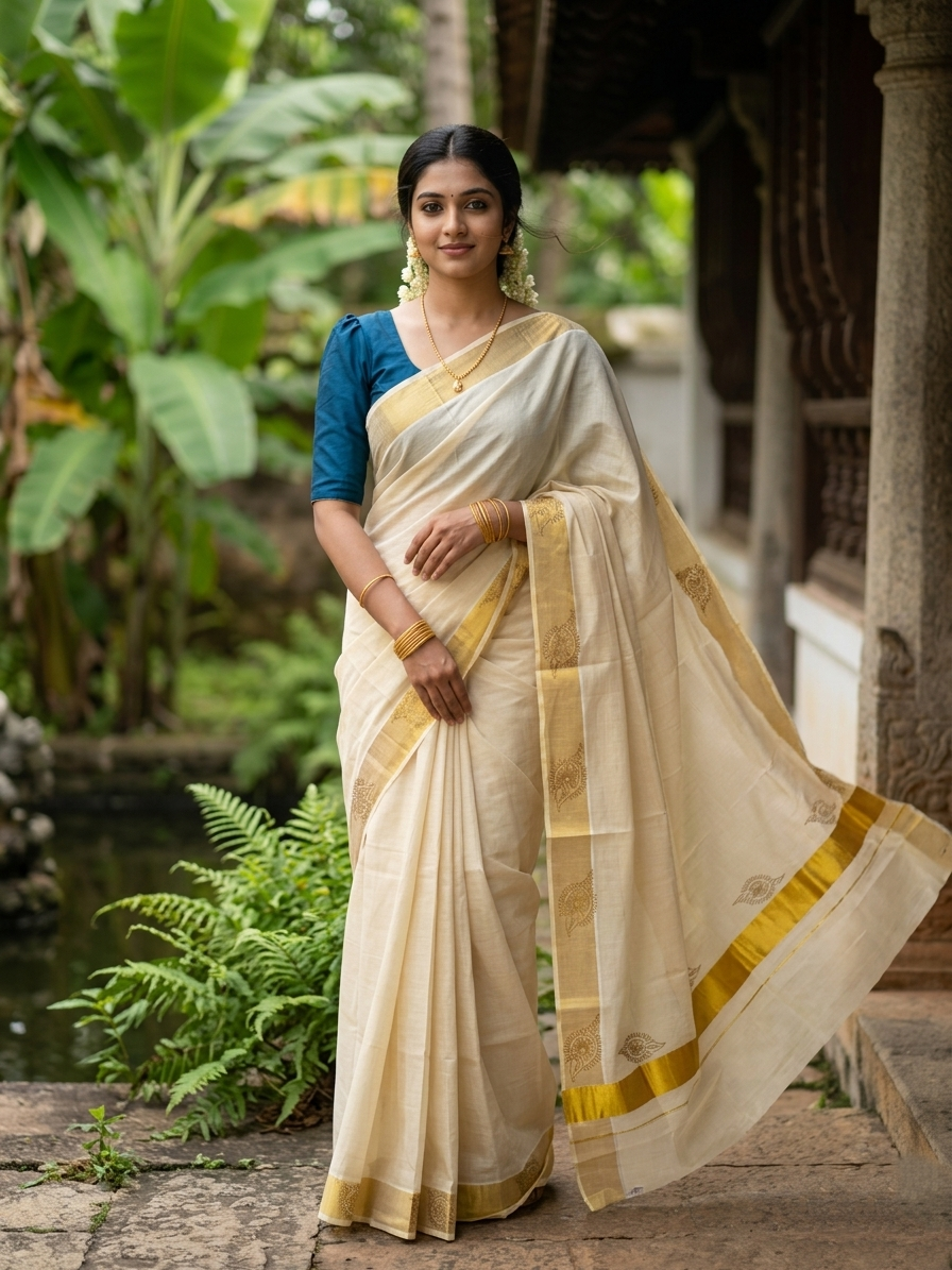 Southloom Kerala Tissue Kasavu Plain Saree with Sequins Works