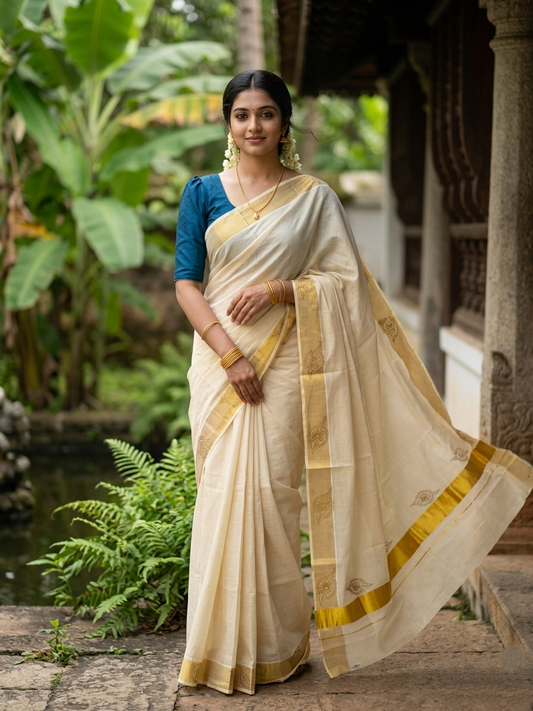 Southloom Kerala Tissue Kasavu Plain Saree with Sequins Works
