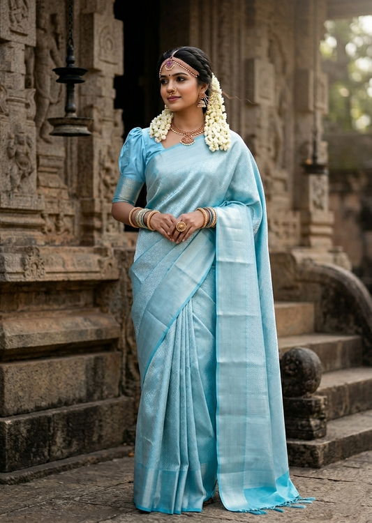 Southloom Brocade Silk Saree with Silver Zari Work in Blue Pastel Shade