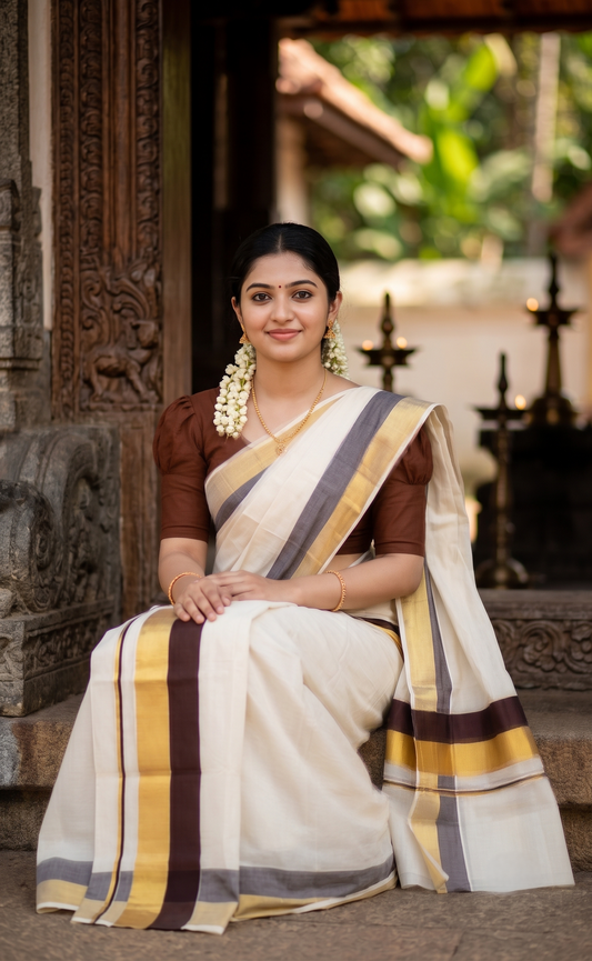 Kerala Cotton Set Mundu (Mundum Neriyathum) with Brown and Kasavu Border 2.80 Mtrs SLKK SL504