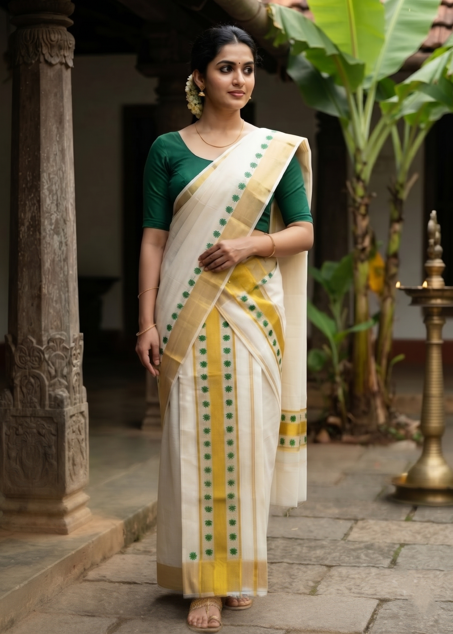 Kerala Cotton Green Colour Lotus Printed Set Mundu (2.80 mtrs) SL516