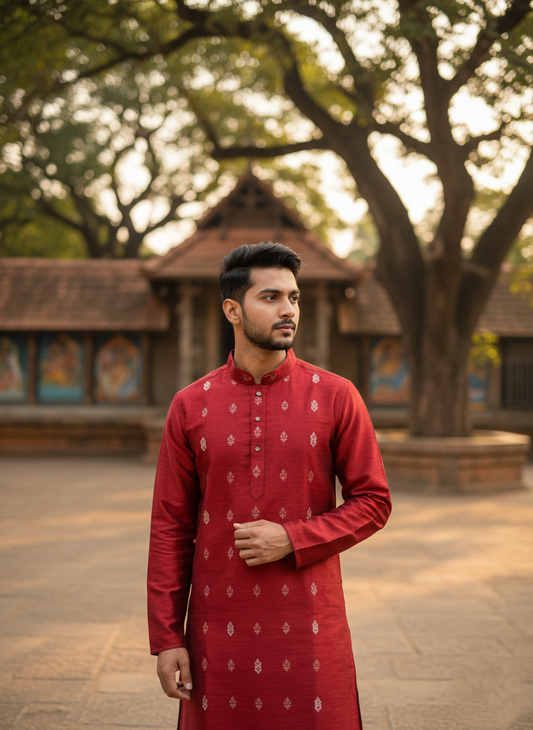 Southloom Semi Silk Short Kurta for Men in Red Colour