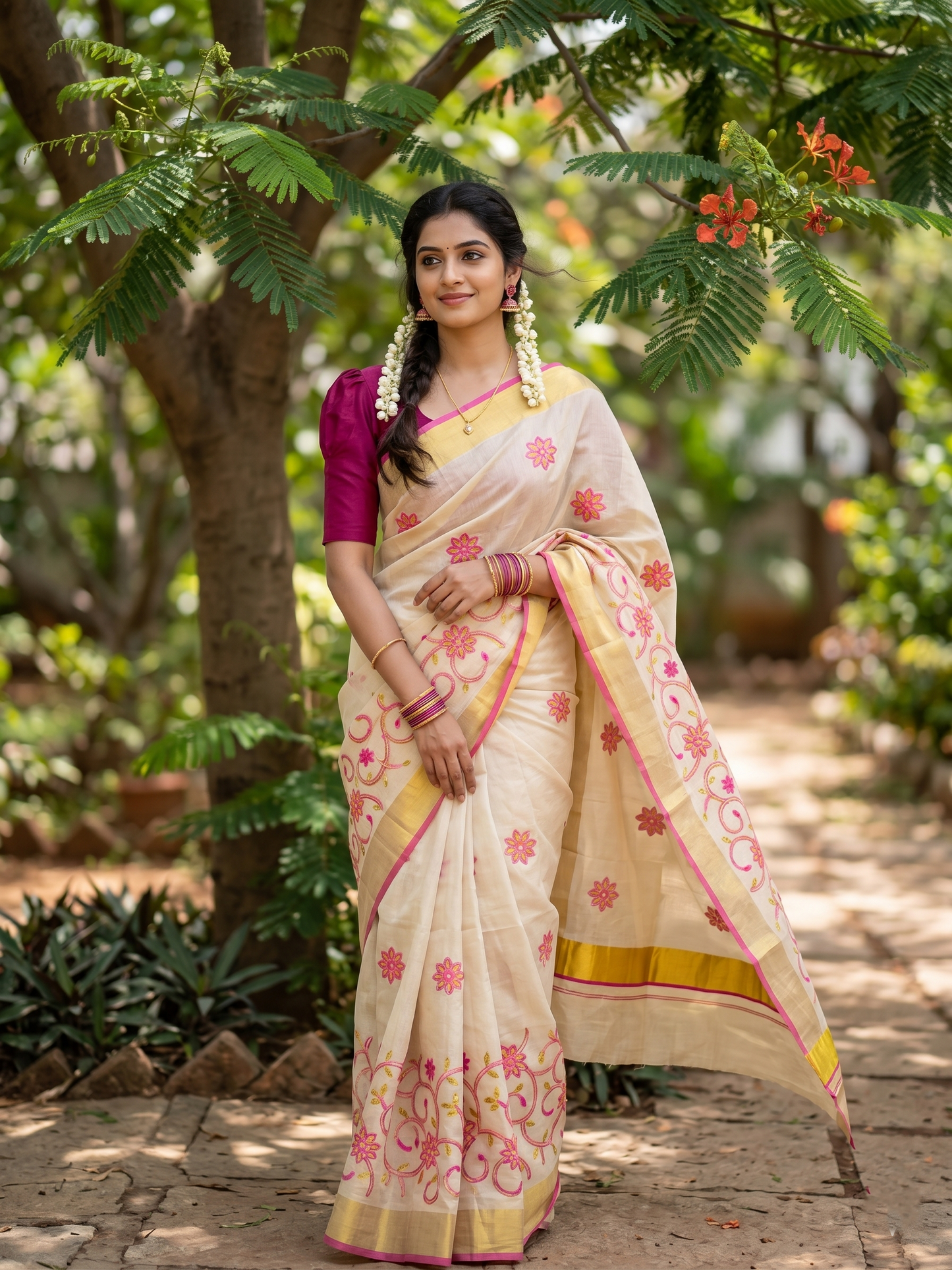 Southloom Kerala Tissue Kasavu Saree With Pink and Golden Floral Embroidery Works