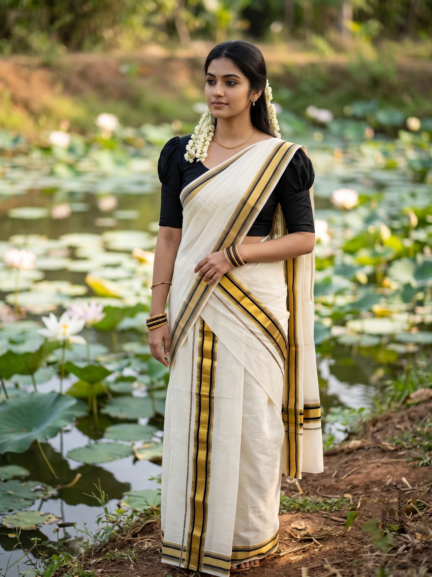 Southloom Pure Cotton Kerala  Set Mundu (Mundum Neriyathum) Single with Black and Kasavu Border 2.80 Mtrs SLKK