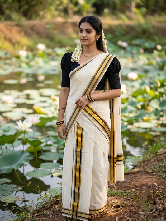 Southloom Pure Cotton Kerala  Set Mundu (Mundum Neriyathum) Single with Black and Kasavu Border 2.80 Mtrs SLKK