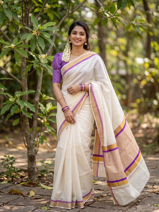 Southloom Kerala Pure Cotton Saree with Stripes on Body and Borders in Violet SL334