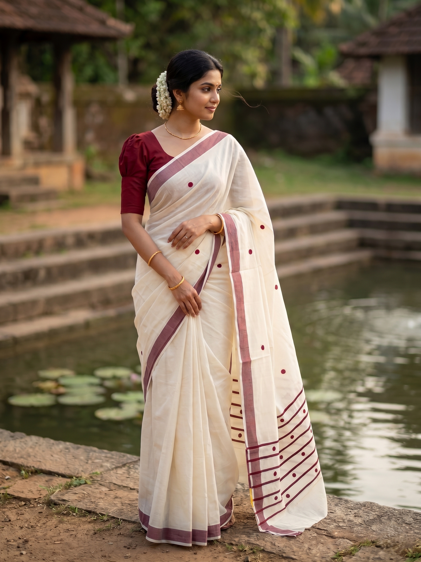 Southloom Kerala Pure Cotton Saree with Maroon Polka Embroidery Works on Body