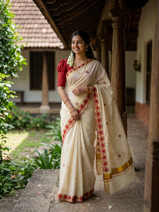 Southloom Kerala Tissue Kasavu Saree with Red Floral Embroidery on Body and Border