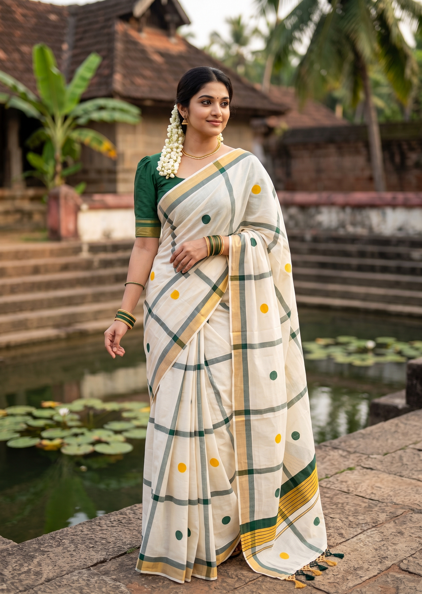 Southloom Kerala Cotton Kasavu Saree with Green & Gold Polka Works on BodySL581