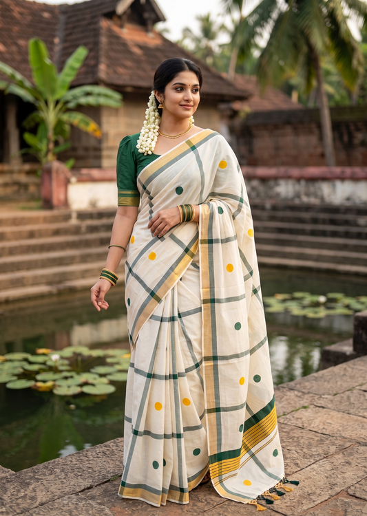 Southloom Kerala Cotton Kasavu Saree with Green & Gold Polka Works on BodySL581