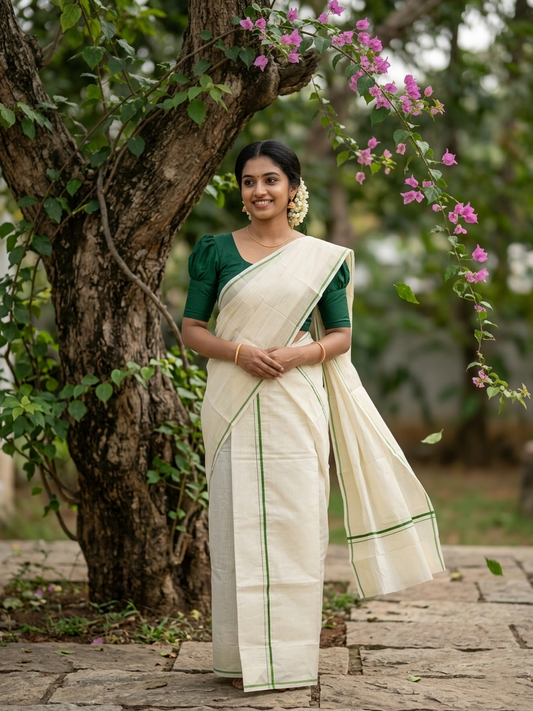 Kerala Cotton Mundum Neriyathum Single (Set Mundu) with Green Puliyilakkara