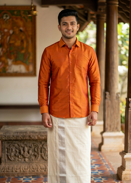 Southloom Pure Cotton Off White Double Mundu with Silver Kasavu Lines Border (South Indian Kerala Dhoti)