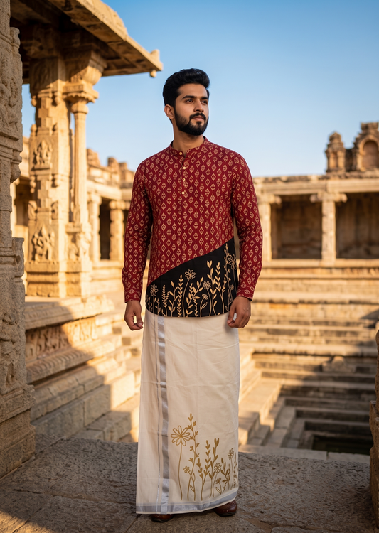 Southloom Cotton Ajrakh Printed Maroon Men's Combo (Shirt + Mundu) SLCOMBO SL579