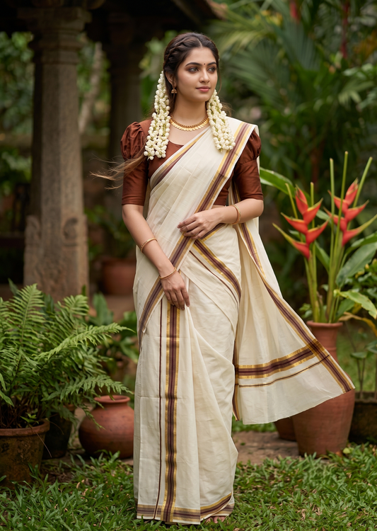 Southloom Pure Cotton Kerala Single Set Mundu (Mundum Neriyathum) with Brown and Kasavu Border 2.80 Mtrs SLKK