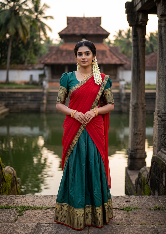 Southloom Semi Stitched Narayanpet Dhavani Set with Pavada and Peacock Blue Blouse Piece SLDHAVANI SL541